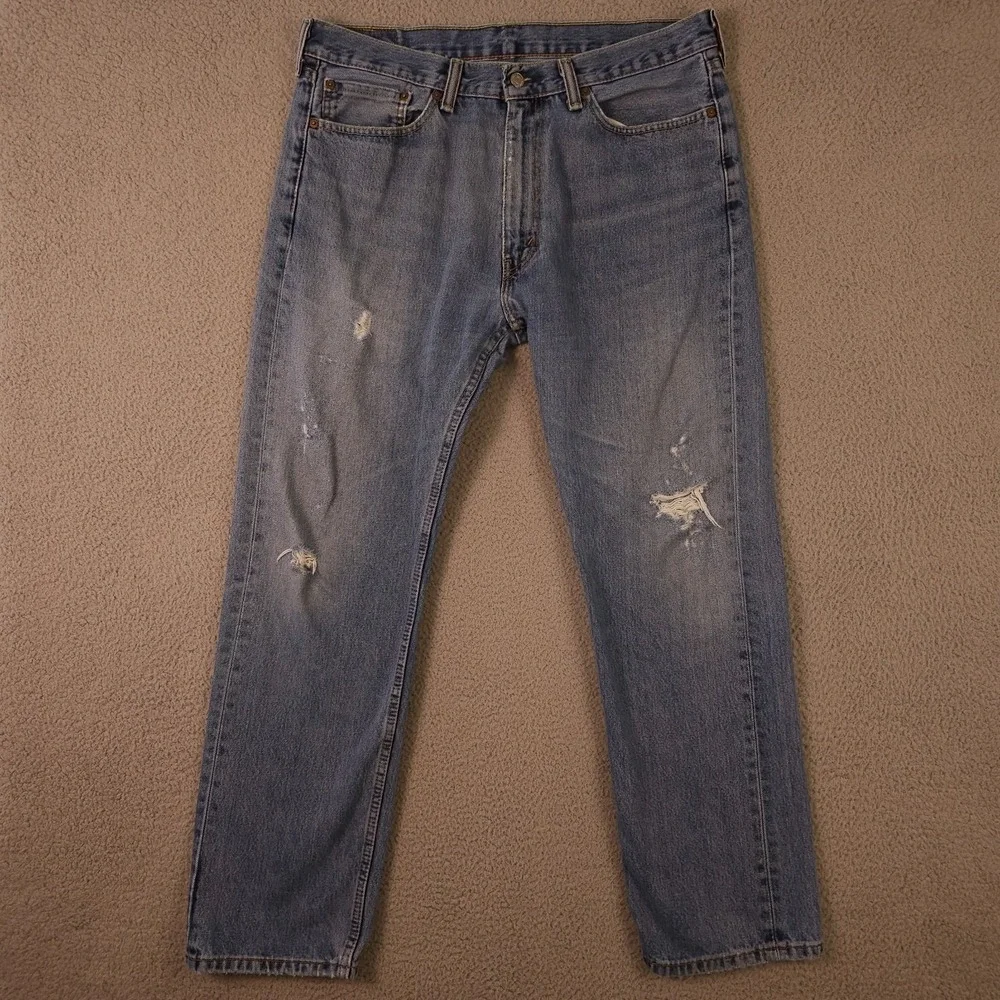 Levis 505 Jeans Mens 36x32 Blue Regular Fit Straight Distressed Workwear Grunge